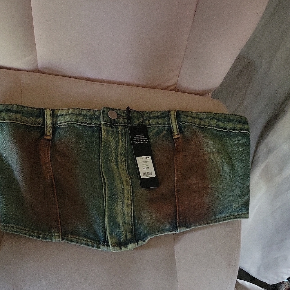Fashion Nova Green and Brown Denim Tube Top